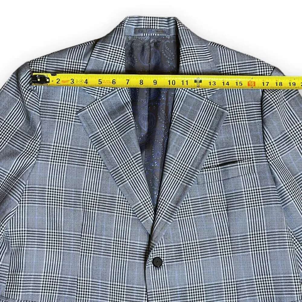 VTG Tailored Sport Coat Blazer Mens Glen Plaid Blue Gray Black White Custom 44R